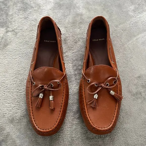 COLE HAAN Grant Cognac Leather Tassel Pinch Loafers Driving Flats NEW Size 9.5