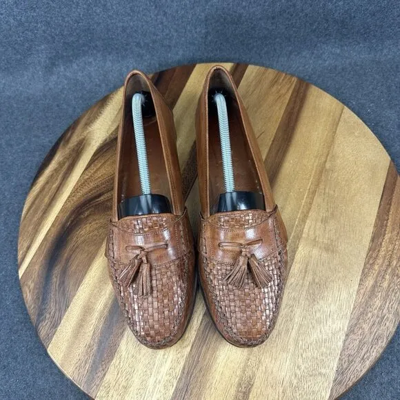 Cole Haan Italy Brown Woven Leather Slip On Hand Made Tasseled Loafers Sz 11
