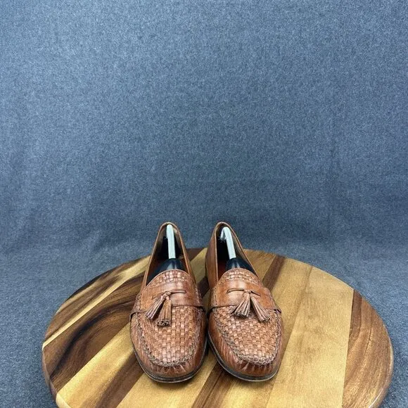 Cole Haan Italy Brown Woven Leather Slip On Hand Made Tasseled Loafers Sz 11