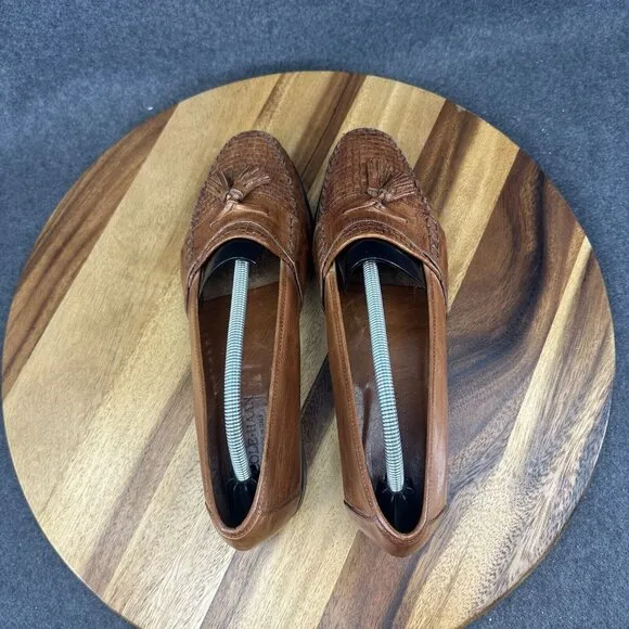Cole Haan Italy Brown Woven Leather Slip On Hand Made Tasseled Loafers Sz 11