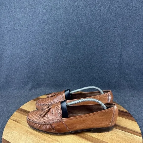 Cole Haan Italy Brown Woven Leather Slip On Hand Made Tasseled Loafers Sz 11
