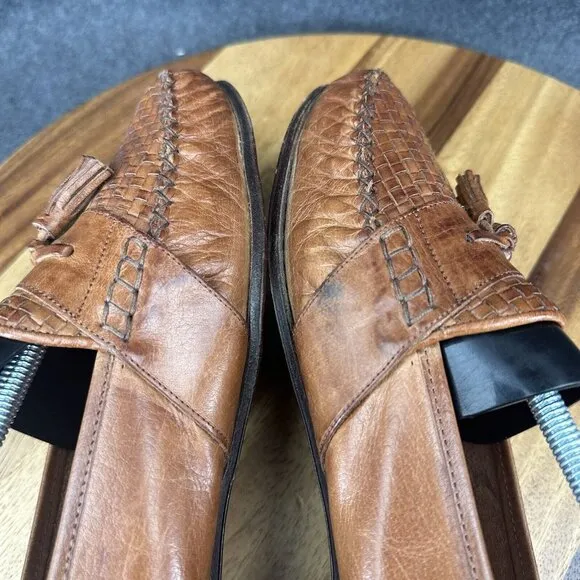 Cole Haan Italy Brown Woven Leather Slip On Hand Made Tasseled Loafers Sz 11