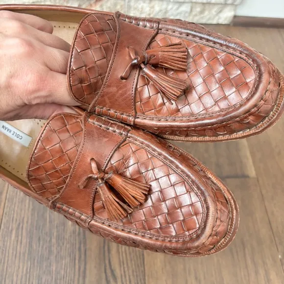 Cole Haan Men's Tan Intrecciato Weave Woven Leather Tassel Loafers Size 8.5