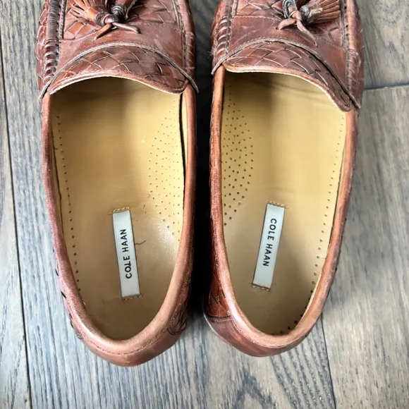 Cole Haan Men's Tan Intrecciato Weave Woven Leather Tassel Loafers Size 8.5