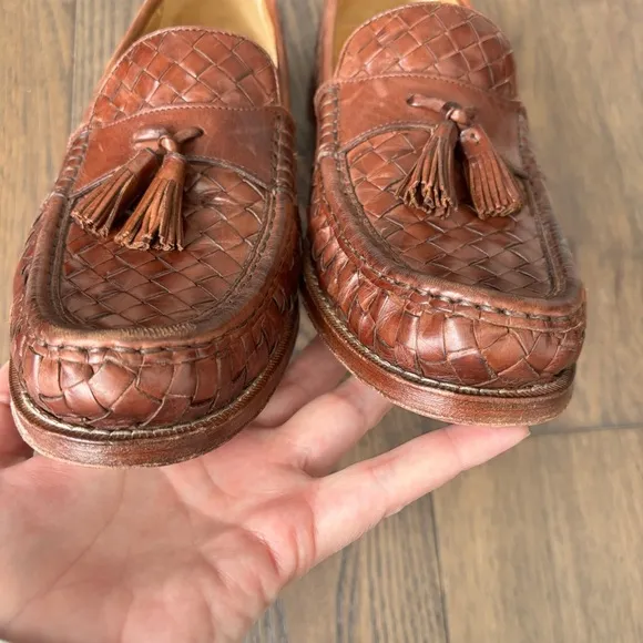 Cole Haan Men's Tan Intrecciato Weave Woven Leather Tassel Loafers Size 8.5