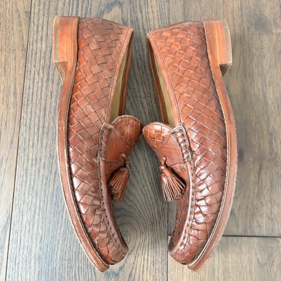 Cole Haan Men's Tan Intrecciato Weave Woven Leather Tassel Loafers Size 8.5