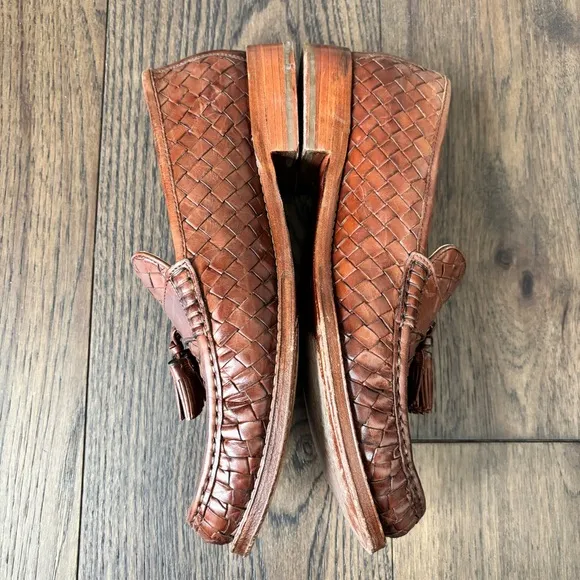 Cole Haan Men's Tan Intrecciato Weave Woven Leather Tassel Loafers Size 8.5