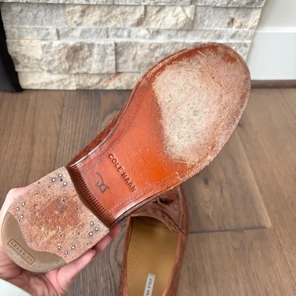 Cole Haan Men's Tan Intrecciato Weave Woven Leather Tassel Loafers Size 8.5