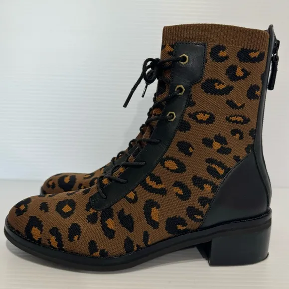 Cole Haan Piedmont Brown Leopard Knit Combat Lace Up Boots Size 7