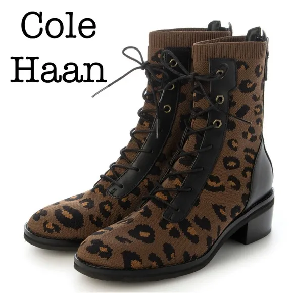 Cole Haan Piedmont Brown Leopard Knit Combat Lace Up Boots Size 7