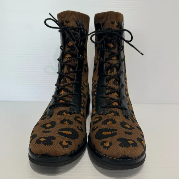 Cole Haan Piedmont Brown Leopard Knit Combat Lace Up Boots Size 7