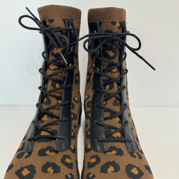 Cole Haan Piedmont Brown Leopard Knit Combat Lace Up Boots Size 7