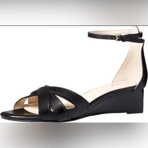 Cole Haan Women Black Hana Grand Wedge Leather Heels Sandals