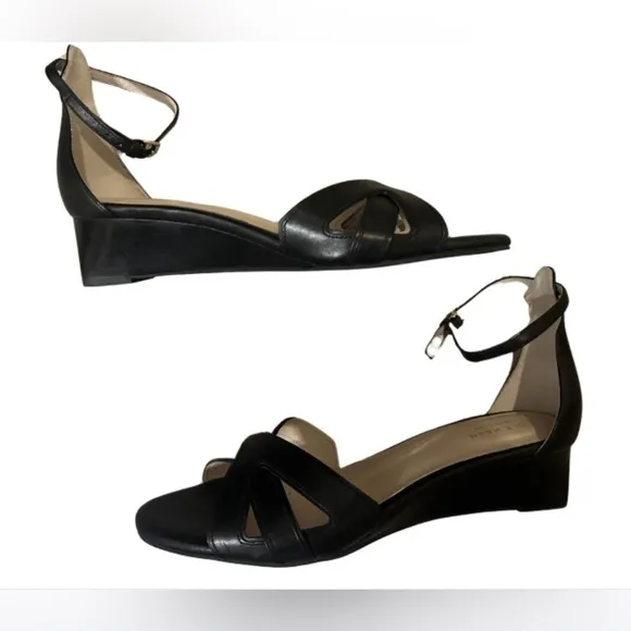 Cole Haan Women Black Hana Grand Wedge Leather Heels Sandals