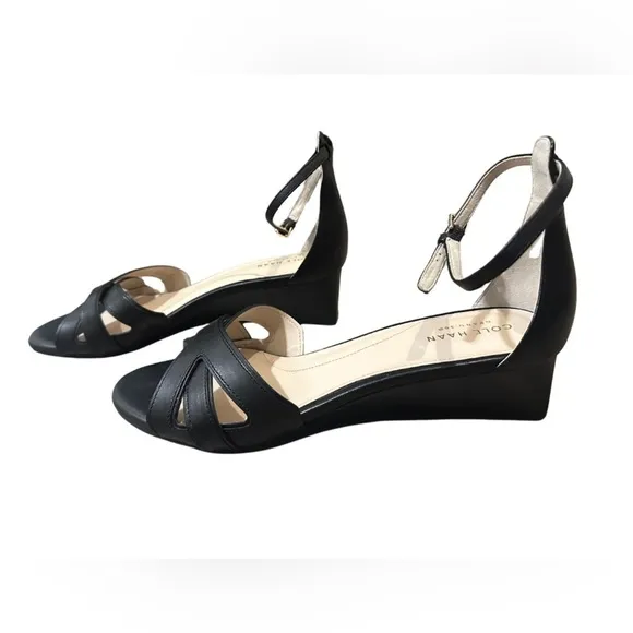 Cole Haan Women Black Hana Grand Wedge Leather Heels Sandals