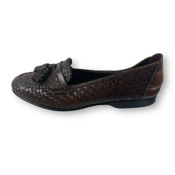 Cole Haan Women's 7.5 Woven Leather Tassle Loafer Brown Classic Office Academia