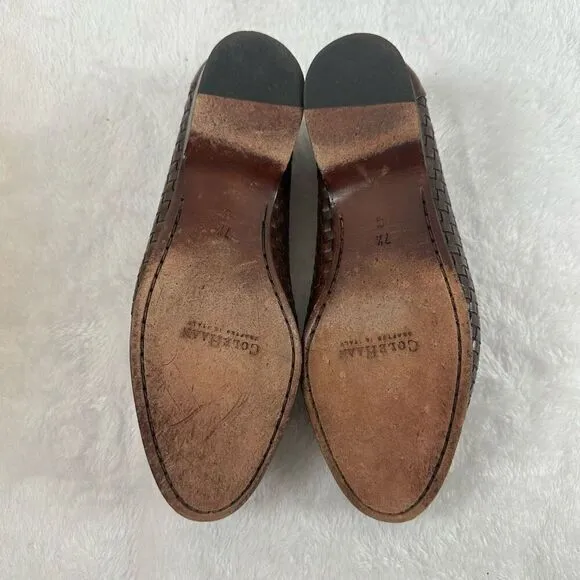 Cole Haan Women's 7.5 Woven Leather Tassle Loafer Brown Classic Office Academia