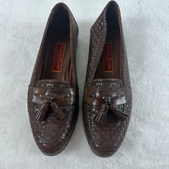 Cole Haan Women's 7.5 Woven Leather Tassle Loafer Brown Classic Office Academia