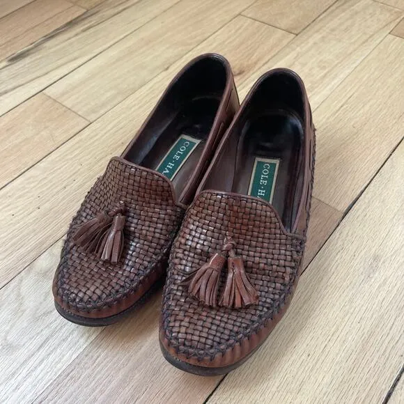 Cole Haan Women’s Brown Leather Woven Tassel Loafers Size 6