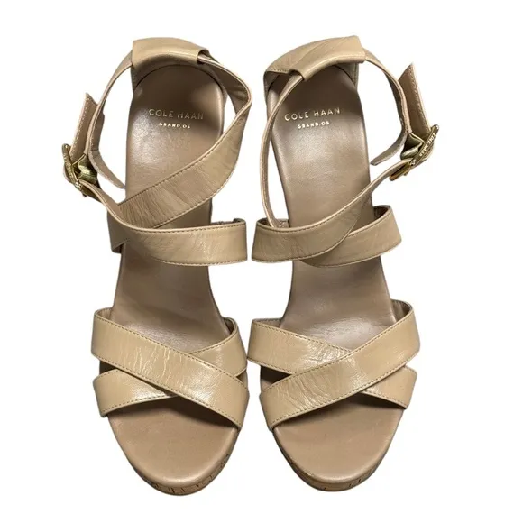 Cole Haan Women's Leather Maple Sugar Jilian Wedge Sandals EUC