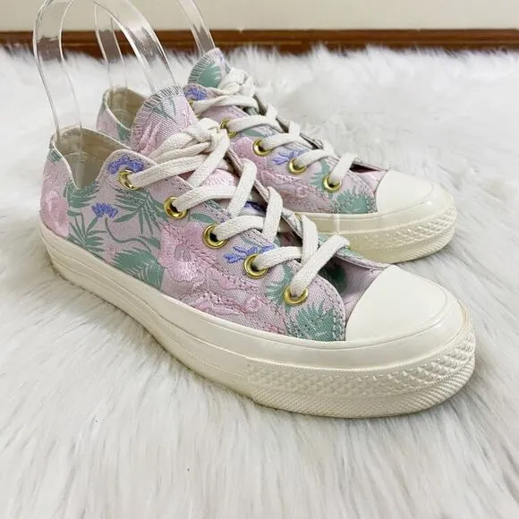 Converse Pink/Cream Chuck Taylor All Star Low Top Sneakers w Floral Embroidery