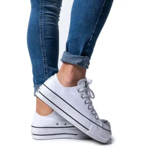 Converse Plain Lace-Up Rubber Sole Sneakers Women White