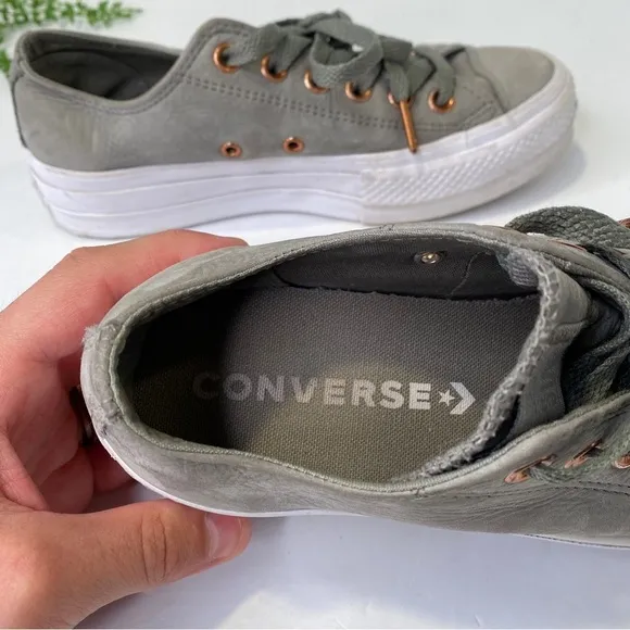 Converse Platform Suede Leather Green Grey Lace Up Low Top Sneakers Size 6.5M