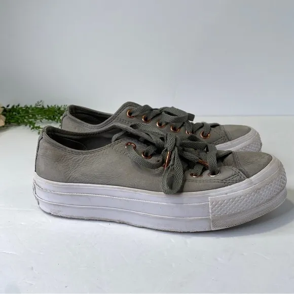 Converse Platform Suede Leather Green Grey Lace Up Low Top Sneakers Size 6.5M