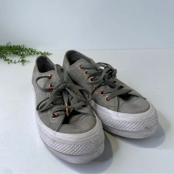 Converse Platform Suede Leather Green Grey Lace Up Low Top Sneakers Size 6.5M