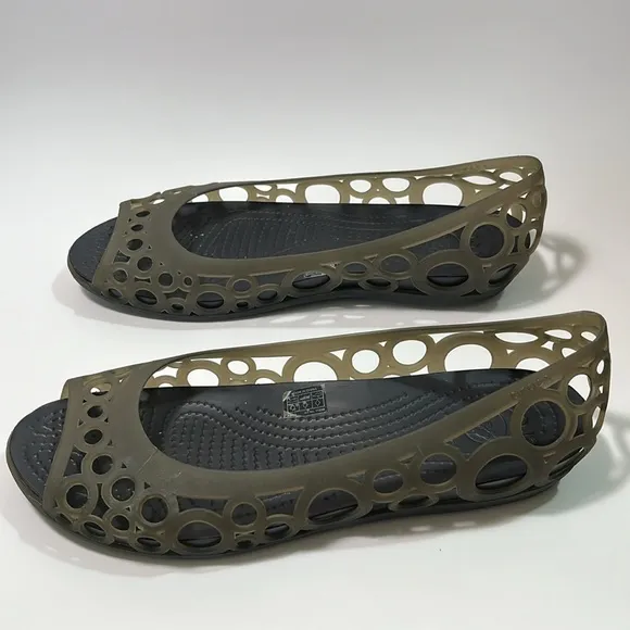 CROCS Adrina Ballet Open Toe Slip On Flats Gray Espresso Brown Size 10