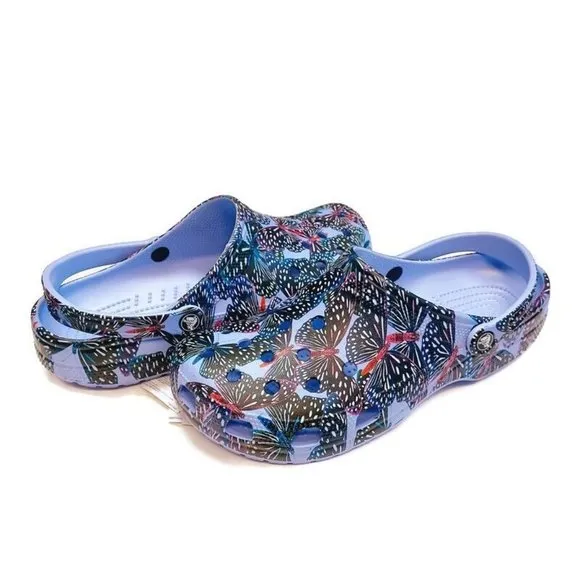 CROCS Classic Butterfly Clog Sandals Mens Size 12 Womens Size 14 Purple Multi
