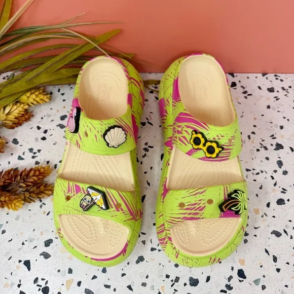 CROCS Classic Spring Break Crush Platform Women’s Lime Slip On Sandals Sz 7