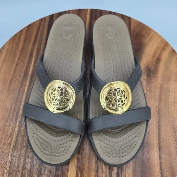 Crocs Sanrah Sandals Womens 10 Brown Gold Medallion Circle Slip On Comfort Slide