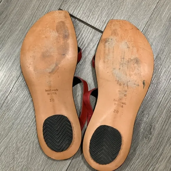 CYDWOQ Red Leather Handmade in USA Slip-On Thong Sandals size 38=8