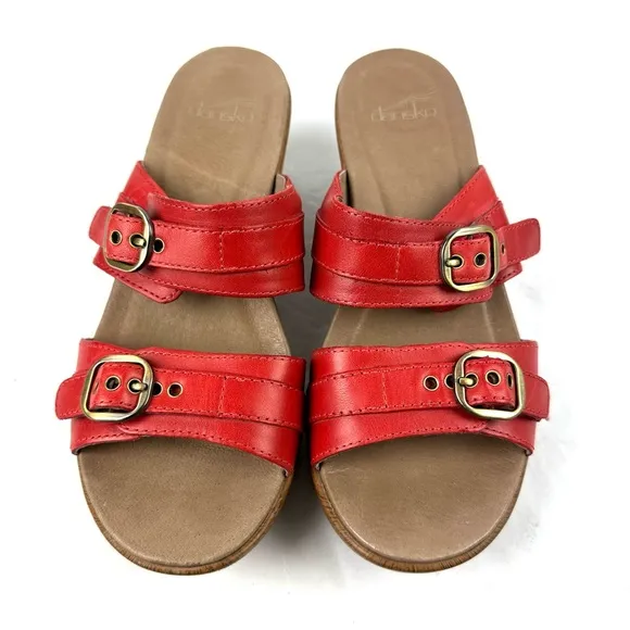 Dansko Jessie Sandals 37 Red Leather Slip On Buckle Shoes Womens
