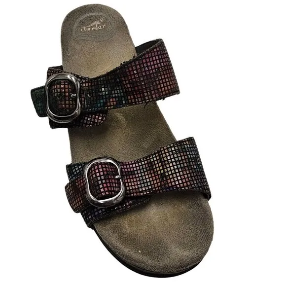 Dansko Rainbow Metallic Sandals Slip-On Slides 38 8 Wedge Double Strap Ombre