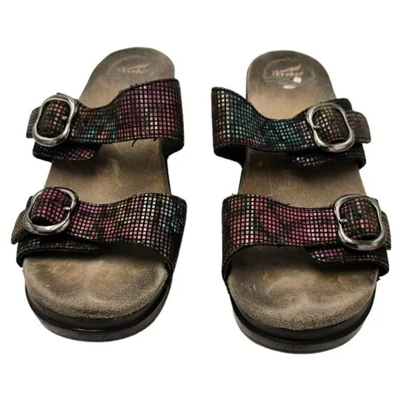 Dansko Rainbow Metallic Sandals Slip-On Slides 38 8 Wedge Double Strap Ombre