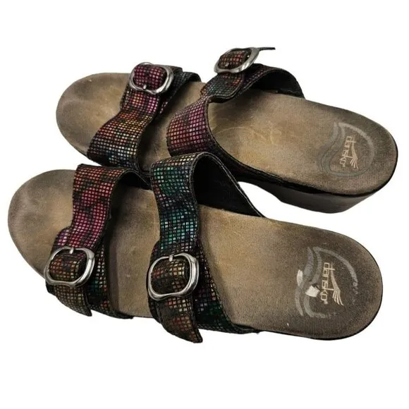 Dansko Rainbow Metallic Sandals Slip-On Slides 38 8 Wedge Double Strap Ombre