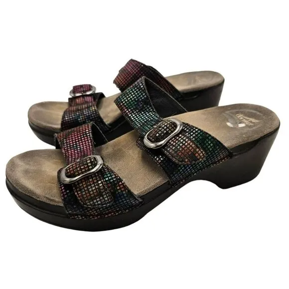 Dansko Rainbow Metallic Sandals Slip-On Slides 38 8 Wedge Double Strap Ombre