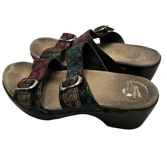 Dansko Rainbow Metallic Sandals Slip-On Slides 38 8 Wedge Double Strap Ombre