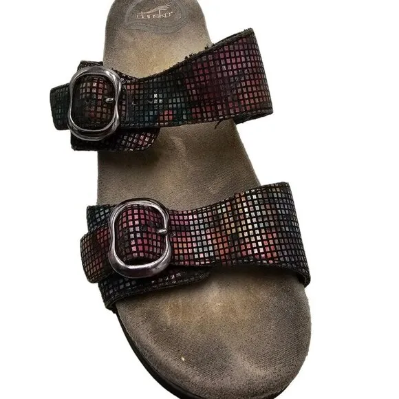 Dansko Rainbow Metallic Sandals Slip-On Slides 38 8 Wedge Double Strap Ombre