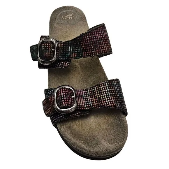 Dansko Rainbow Metallic Sandals Slip-On Slides 38 8 Wedge Double Strap Ombre