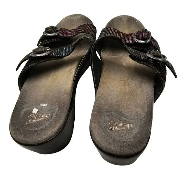 Dansko Rainbow Metallic Sandals Slip-On Slides 38 8 Wedge Double Strap Ombre