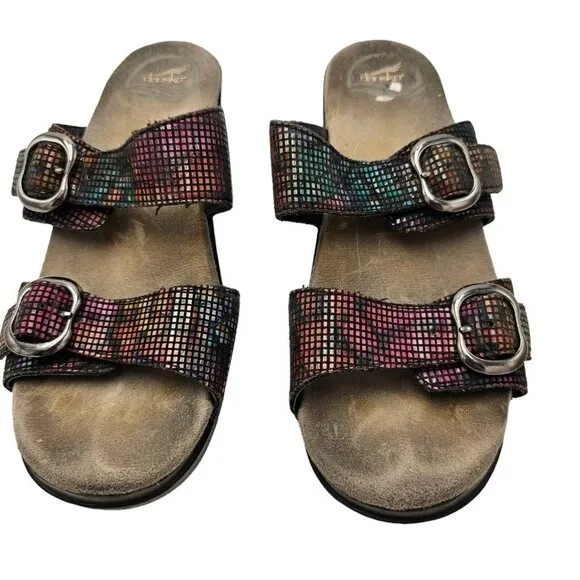 Dansko Rainbow Metallic Sandals Slip-On Slides 38 8 Wedge Double Strap Ombre