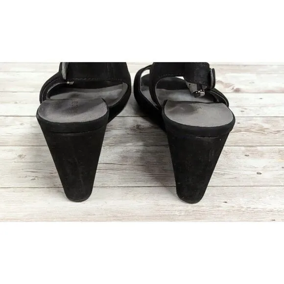 David Tate Harlem Womens Size 10M Black Leather Ankle Strap Wedge Sandals