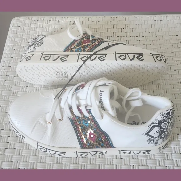 Desigual White Cosmic Exotic Indian Love Sneakers Sz 10
