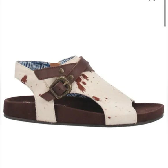 Dingo Savannas Brown White Cow Hide Buckle Zip Leather Sandals NEW IN BOX 8.5