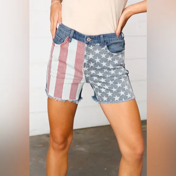 Distressed Denim American Flag Frayed Hem Shorts
