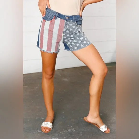 Distressed Denim American Flag Frayed Hem Shorts