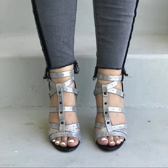 Distressed Leather Multi Strap Stiletto Sandals
